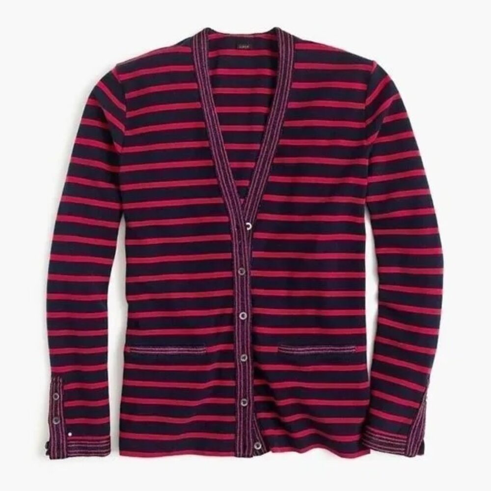 J. Crew Blue Red Stripe Metallic Trim V Neck Cotton Cardigan Sweater XS